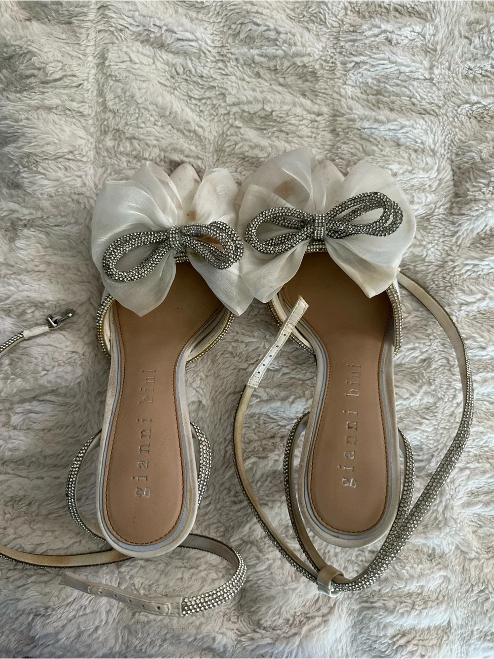 Gianni Bini Ivory Bow Rhinestone Ankle-Tie Heels